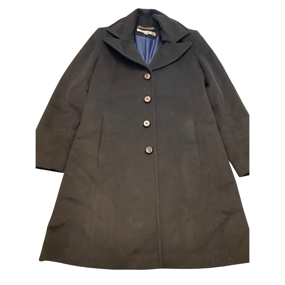 Larry Levine Women 4 Black Wool Blend Long Pea Coat Button Up Trench Jacket